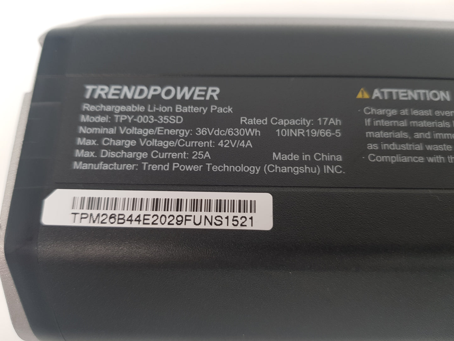 Trendpower TPY-003-35SD Shimano E-Bike Akku Battery 36V, 630Wh, Intube 1521